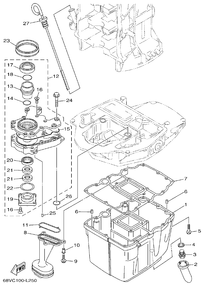 Yamaha F100BET OIL PAN parts diagram